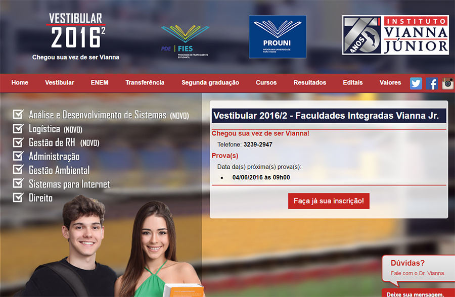 Vianna Júnior abre inscrição para o Vestibular 2016-2