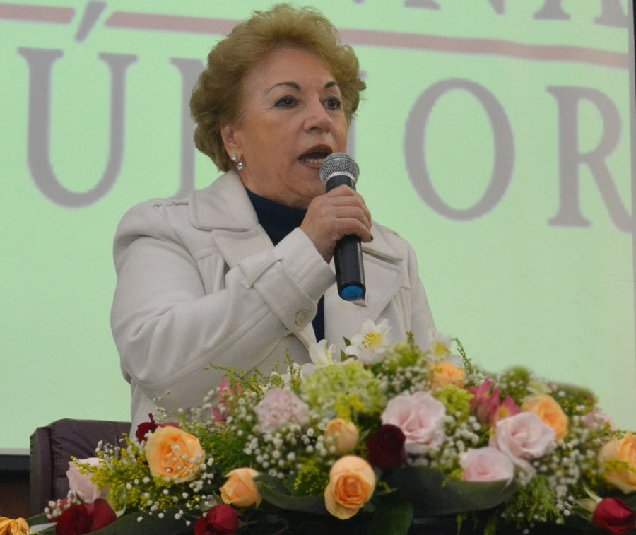 Dra. Célia Fassheber discursando na Aula Magna no salão nobre do Instituto Vianna Júnior