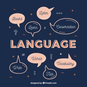 A imagem mostra várias palavras em inglês que englobam o aprendizado bilíngue: ouvir, livros, conversação, palavras, vocabulário, etc.